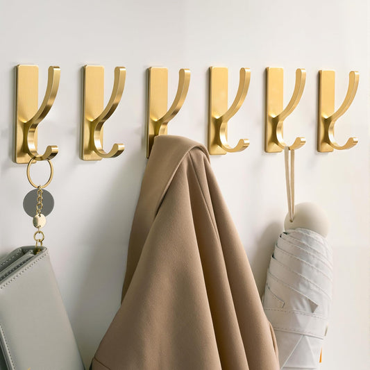 Adhesive Wall Hooks for Towels Coats - Stick On Hooks Hanging Heavy Duty (13lb), Metal Hook for Door, Bathroom, Dorm, Closet - Hanger for Purse, Bag, Robe,Backpack - No Damage to Wall - Gold 6 Pack