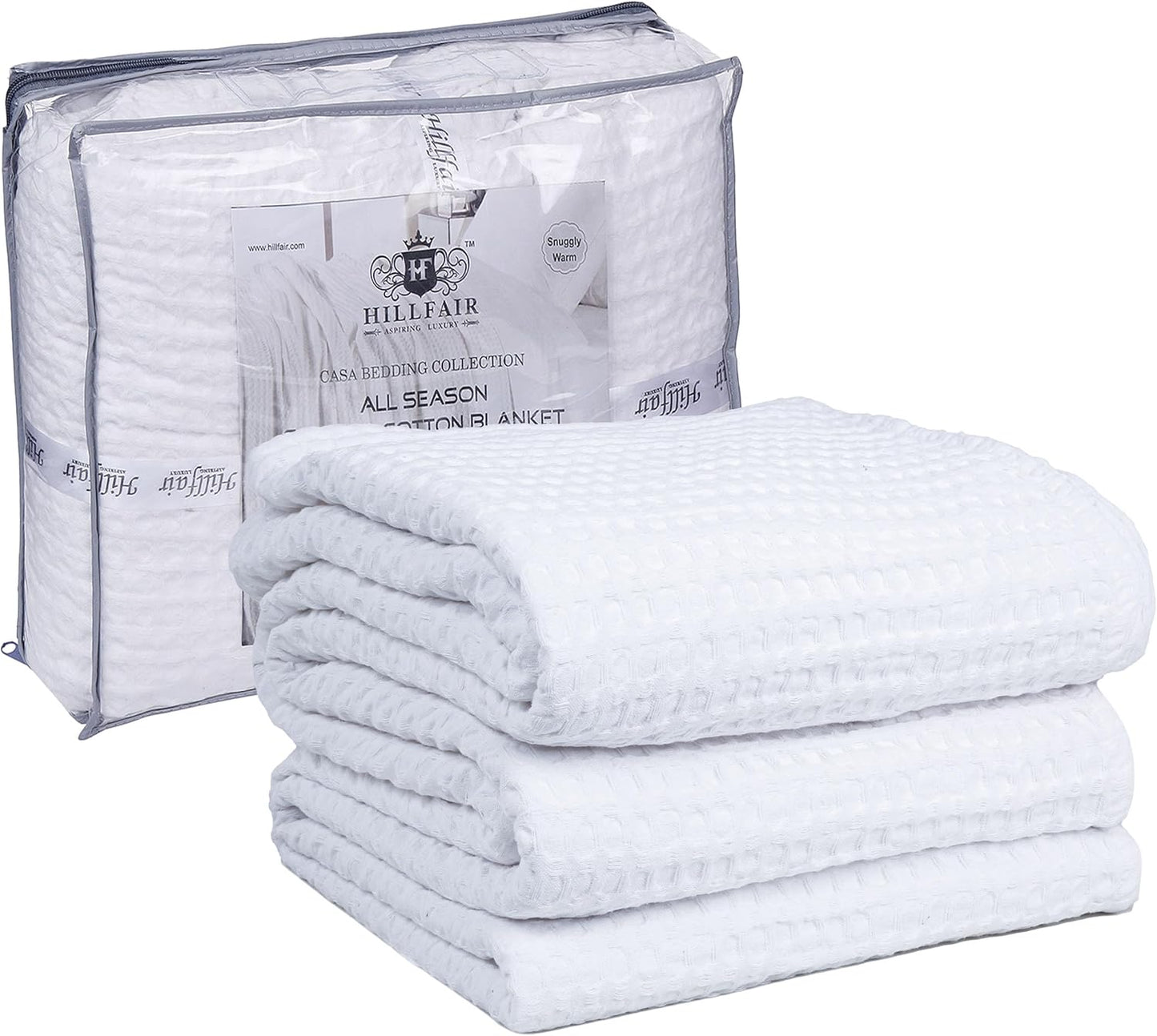 HILLFAIR 100% Cotton Blanket- 120"x120" XXL Oversized King Bed Blankets- Family Size 10 ft x 10 ft Big- Waffle Blankets- All Season Soft Breathable- Extra Large King Cotton Blanket for Bed- White