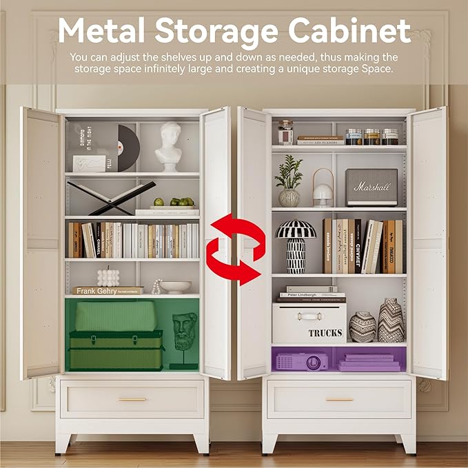 71 "Farmhouse Metal Filing Cabinet with a Drawer and 4 Adjustable Shelves, with 2 Large barn Door White Kitchen Cabinets, Metal Food Cabinets for Home, Kitchen, Dining/Living Room (White)