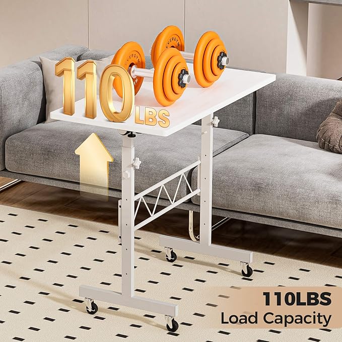 COMHOMA Small Standing Desk Adjustable Height & Tiltable Tabletop, Mobile Stand Up Desk for Laptop, Portable Computer Table for Home Office Work and Walking Pad Treadmill, Height 30.7"-46.4", White