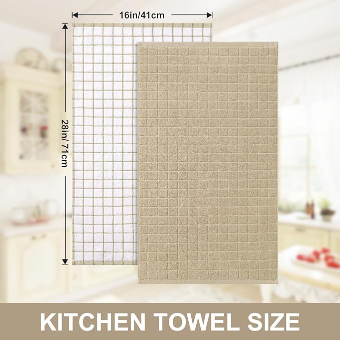 Homaxy Premium Cotton Kitchen Towels 16"x 28", Large Natural Ring Spun 390 GSM Dish Towels, Super Absorbent Terry Kitchen Hand Towels, Soft Tea Towel with Hanging Loop, Tan Check Design, 8 Pack