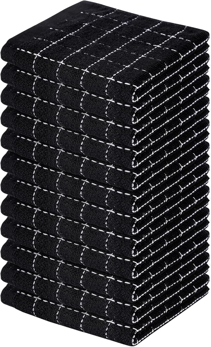 Homaxy 100% Cotton Terry Kitchen Dish Cloths, Ultra Soft and Absorbent Dish Towels for Kitchen, Suitable for Drying and Washing Dishes, 12 Pack, 12 x 12 Inches, Black