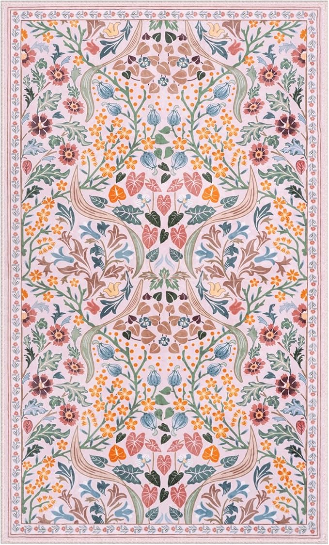 Lahome Floral Pink Boho 3x5 Rugs, Small Floral Dorm Rugs for Girsl Bedside, Washable Flower Botanical Throw Rug for Nursery Kids Room, Soft Non Slip Easy to Clean Door Mat for Entryway