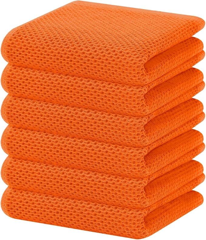 Homaxy 100% Cotton Waffle Weave Kitchen Dish Towels, Ultra Soft Absorbent Quick Drying Cleaning Towel, 13 x 28 Inches, 6-Pack, Orange
