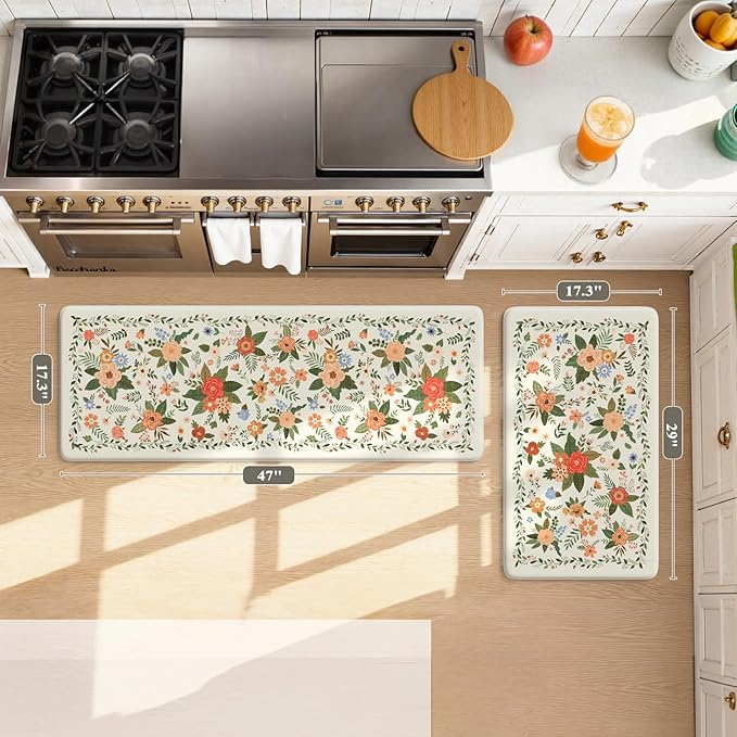 KIMODE Kitchen Mats for Floor Anti Fatigue, White Floral Rugs for Kitchen Floor, Padded Kitchen Floor Mats, Cushioned Kitchen Mats for Floor 2 Piece for Laundry Office Sink Desk 17"x47"+17"x29"