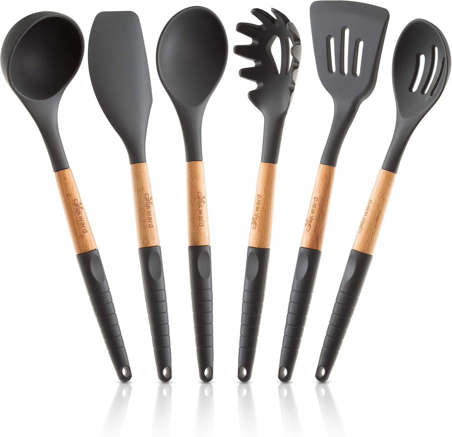 6 Pcs Cookward Silicone Cooking Utensils Set-Natural Wood Kitchen Utensils – Eco Friendly & BPA Free, Non-Scratch & Non-Stick Easy Grip -Dark gray