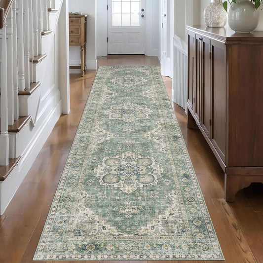 Washable Hallway Runner Rug 2.5x12ft - Long Non-Slip Sage Green Boho Runner Rug Low Pile Stain Resistant Soft Vintage Oriental Runners for Hallways Kitchen Living Room Indoor Entryway Bedroom