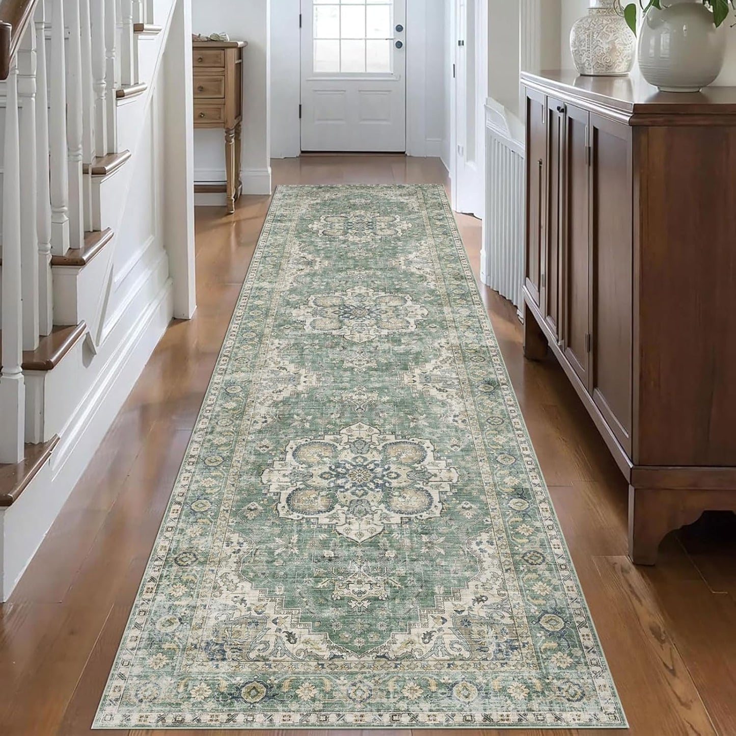 Runner Rugs for Hallway 2.5x10ft - Long Non-Slip Sage Green Washable Boho Runner Rug Low Pile Stain Resistant Soft Vintage Oriental Carpet for Kitchen Living Room Indoor Entryway Bedroom