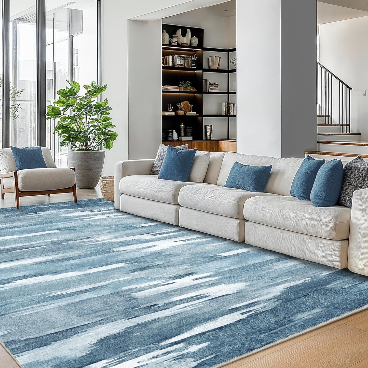 Area Rugs 8x10 Machine Washable Rug for Bedroom Living Room Dining Room, Large Modern Abstract Soft Rugs, Indoor Low Pile Carpet with Non Slip Rubber Backing, Glacial Blue
