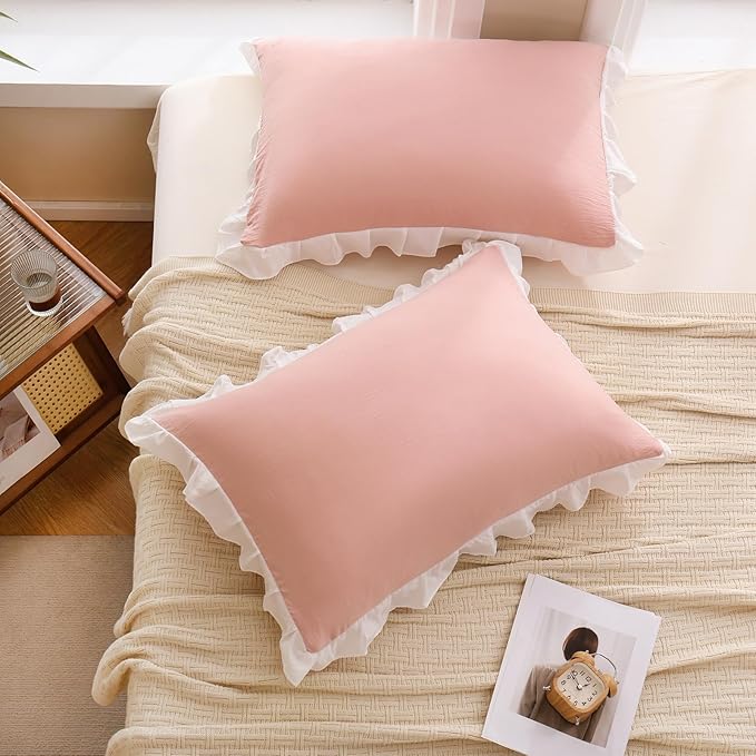 Merryword Pink Pillow Shams Standard Pillowcases 20x26inch Pink and White Reversible Cute Pillow Cover Set of 2 Soft Shabby Chic Ruffled Pillowcases
