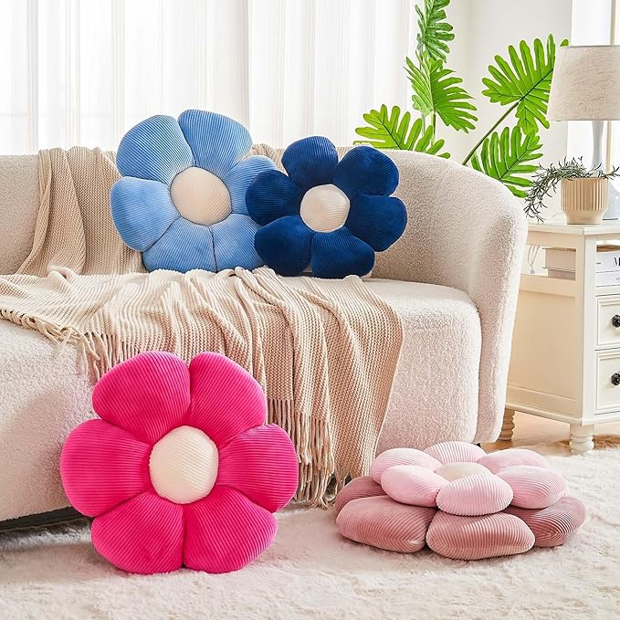 Navy Flower Pillow, 14.9" Cute Flower Shaped Floor Pillow, Aesthetic Floral Plush Daisy Decorative Throw Pillows for Bed Sofa Couch