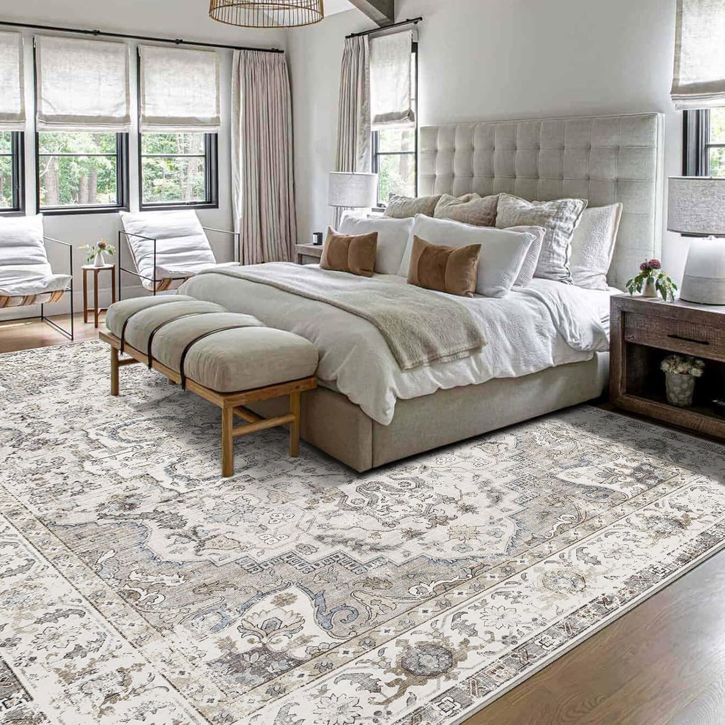 Area Rugs 9x12 Living Room - Large Washable Cream Boho Rugs for Bedroom Soft Vintage Rug Ultra-Thin Farmhouse Oriental Carpet Stain Resistant Rug for Dining Room Guest Room Home Decor