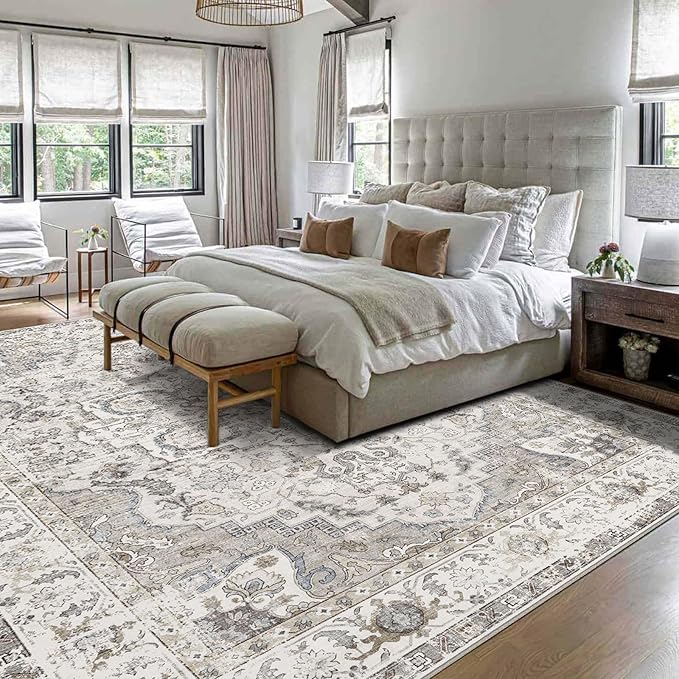 Washable Area Rug 8x10 - Large Cream Boho Rugs for Living Room Soft Vintage Bedroom Rug Ultra-Thin Distressed Oriental Carpet Stain Resistant Rug for Dining Room Guest Room Home Decor