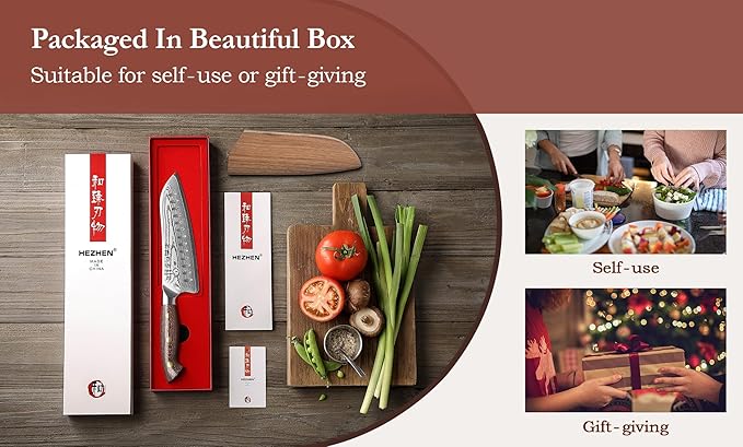 HEZHEN Santoku Knife with Wooden Sheath,7.3 Inches, 67 Layers Damascus Steel Kitchen Knife for Professional Chefs and Family, Micarta Handle,Gift Ready