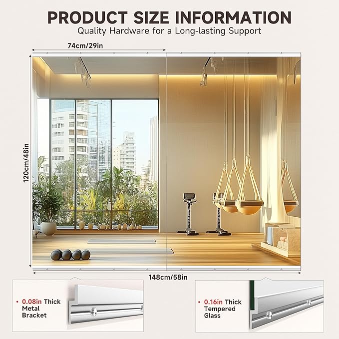 Home Gym Mirror, 48'' x 30'' x 2PCS, Large Full Body Mirror for Yoga, Frameless Tempered Glass, Wall Mounted for Home Gym, Garage, Bedroom, Bathroom