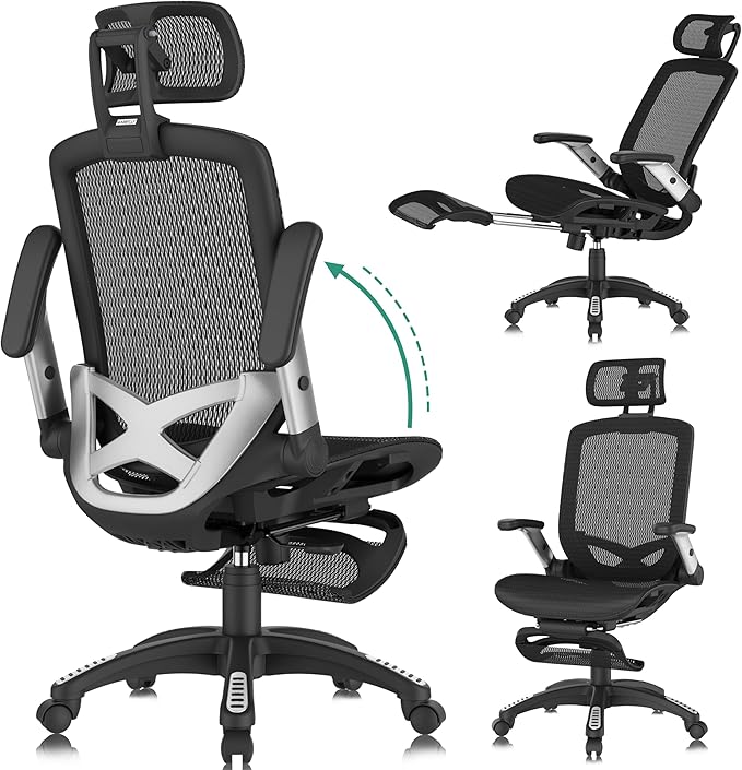 GABRYLLY Office Chair with Footrest, Ergonomic Desk Chair - 135° Recline Wide, 45° Flip-Up Arms,3D Headrest & Mesh Seat, High Back Home Gaming Chair for Adult Man Woman, 300LBS