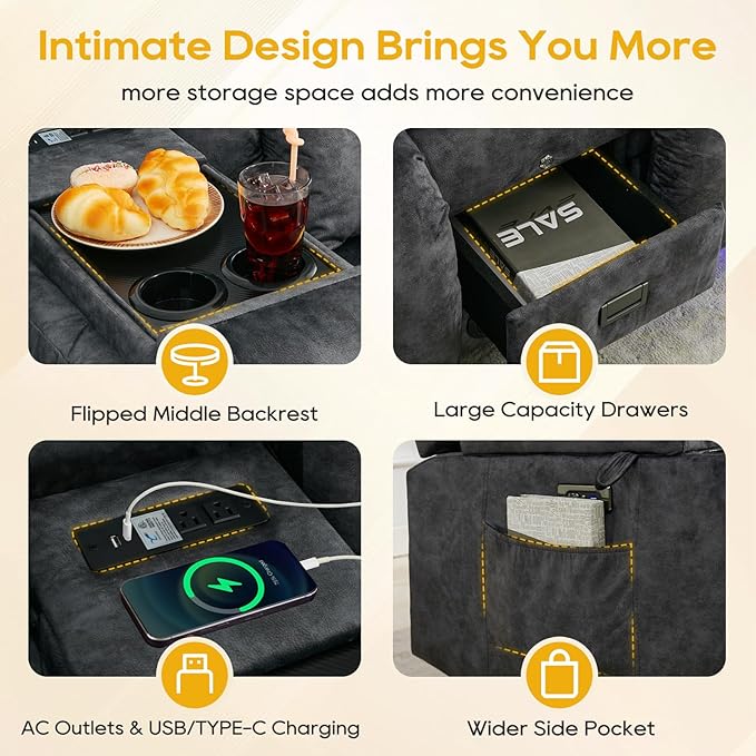 IPKIG 89" Power Reclining Loveseat Sofa, Electric Home Theater Seating with Console/4 Colors Ambient Lighting/Bluetooth Speakers/USB Ports/Built-in Outlets (Grey, 3-Seater with Console)