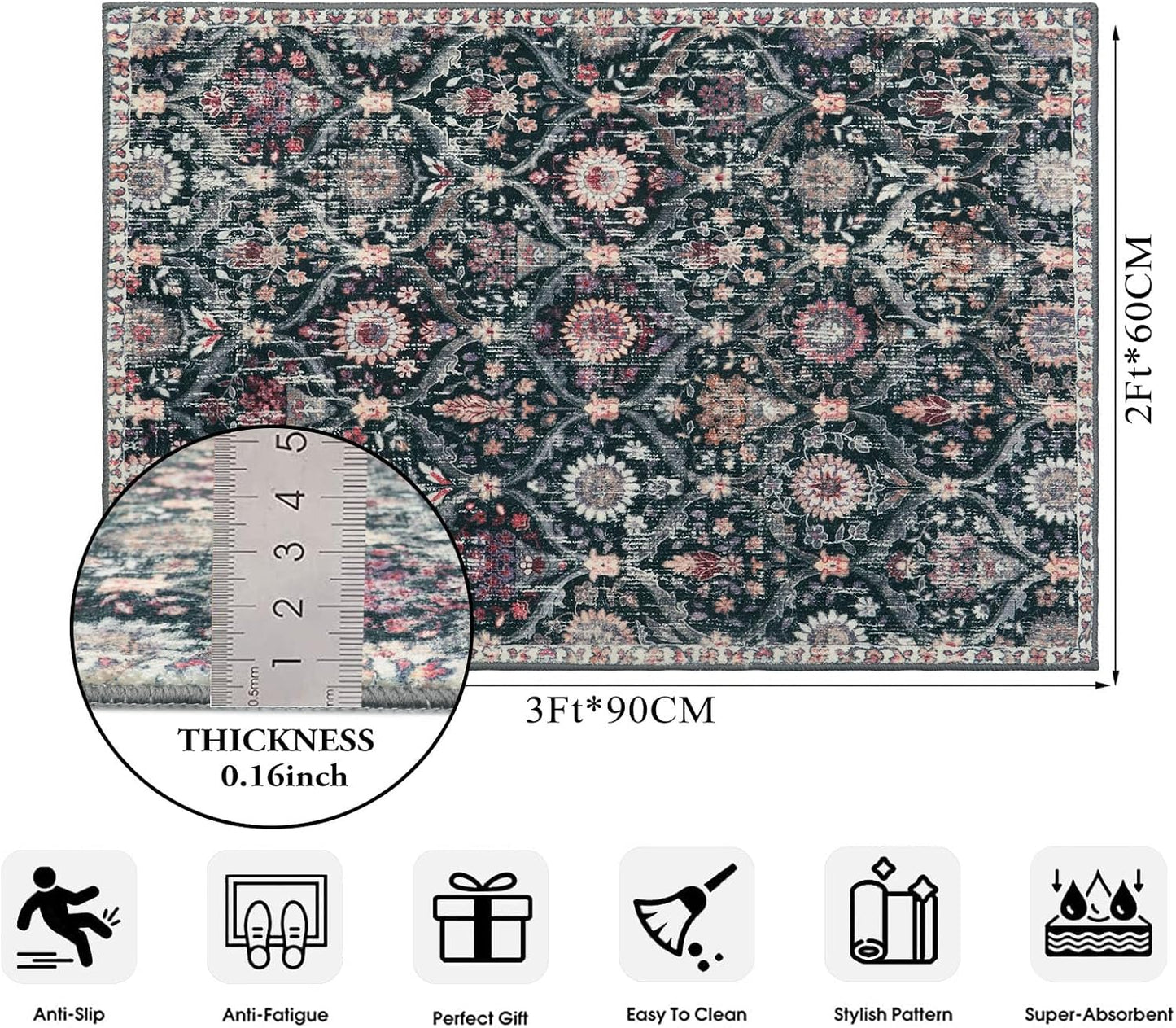 Lahome Moroccan Trellis Washable Rug, 2x3 Entryway Rugs for Kitchen Bathroom, Non-Slip Indoor Door Mat Ultra-Thin, Small Oriental Throw Carpet for Bedroom Entry, Black/Multi