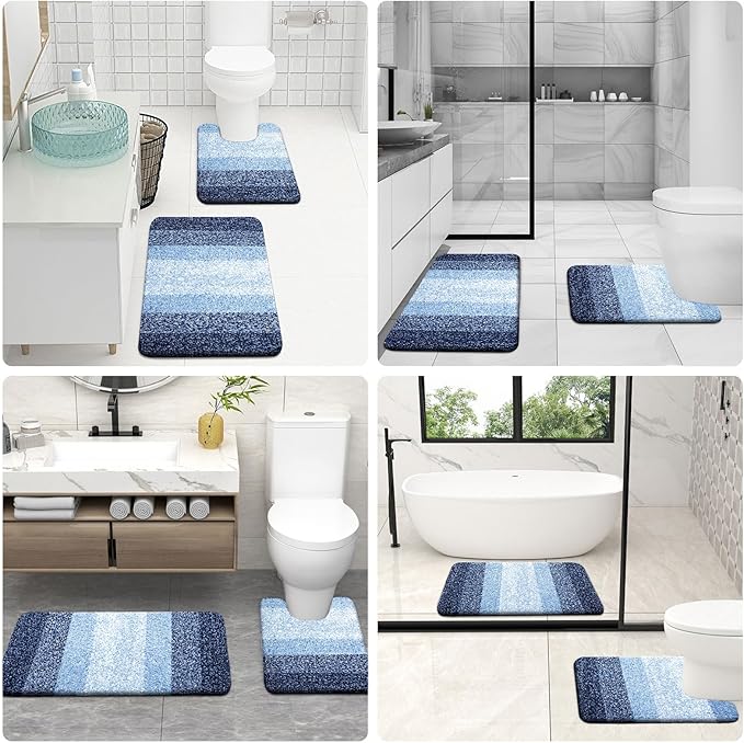 OLANLY Bathroom Rug Set 2 Piece, Soft Absorbent Microfiber Bath Mats and U-Shaped Contour Toilet Rug, Non-Slip, Machine Wash Dry, Plush Shaggy Bath Mats for Bathroom (24"x16"+24"x20", Navy)