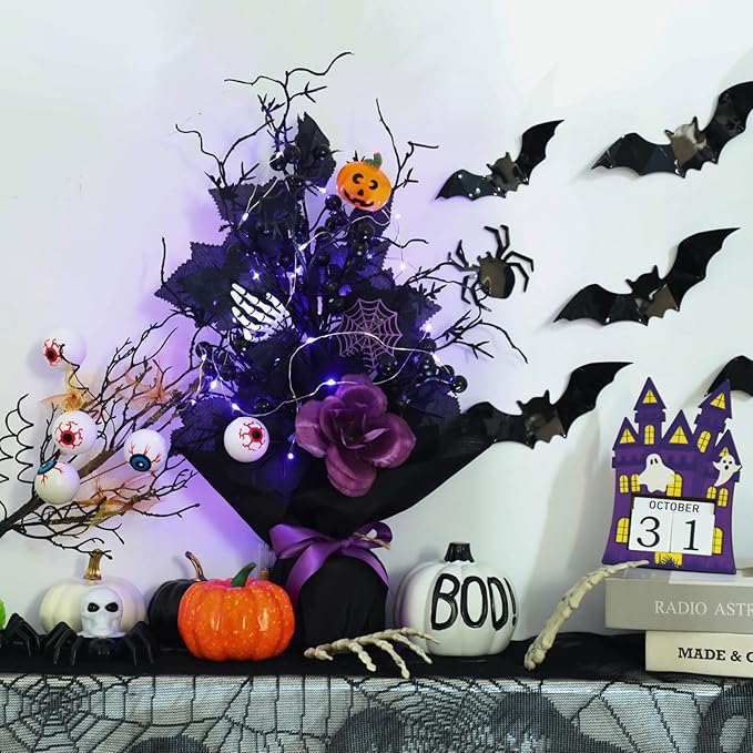 18 Inch Halloween Table Tree, LED Lighted Artificial Tree with Pumpkin,Spider, Black Berries,Halloween Centerpiece for Table, Holiday Party Home Decor