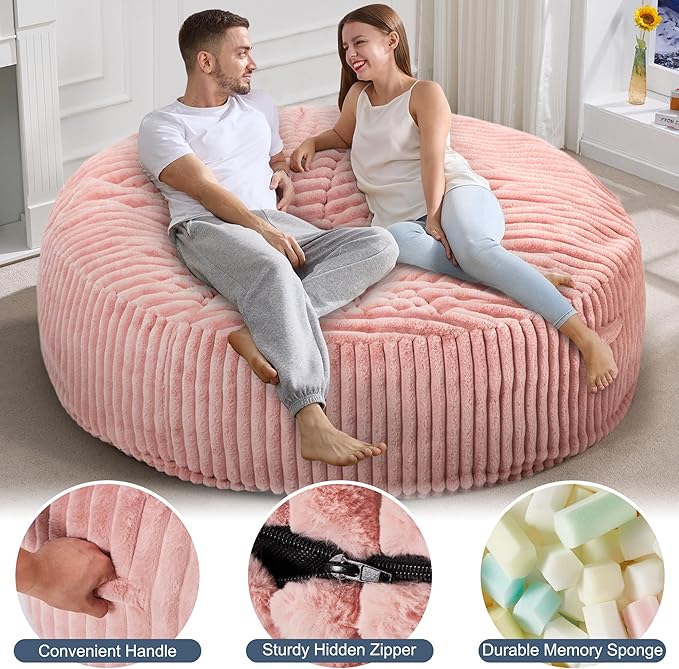 Hobestluk 6ft Bean Bag Chairs for Adults Large Beanbag Chair with Stripe Plush Cover Big Bean Bag Chair for Living Room Bedroom Dorm Office - Pink (70" x 70" x 15")