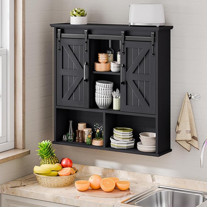 Vabches Bathroom Wall Cabinet, Farmhouse Medicine Cabinet with Double Sliding Barn Door and Adjustable Shelves, Wooden Vintage Storage Cabinet Wall Mounted for Bathroom, Kitchen Dining, Black