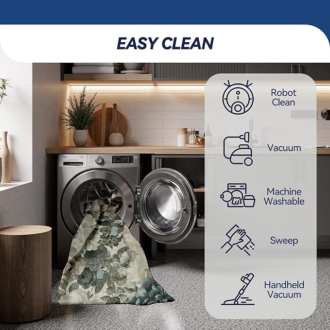 Boho Floral Area Rug 8x10 - Hand-Drawn Gray Green Blooms on Cream, Low-Pile Non-Slip Carpet, Machine Washable for Living Room & Bedroom Vintage Decor.