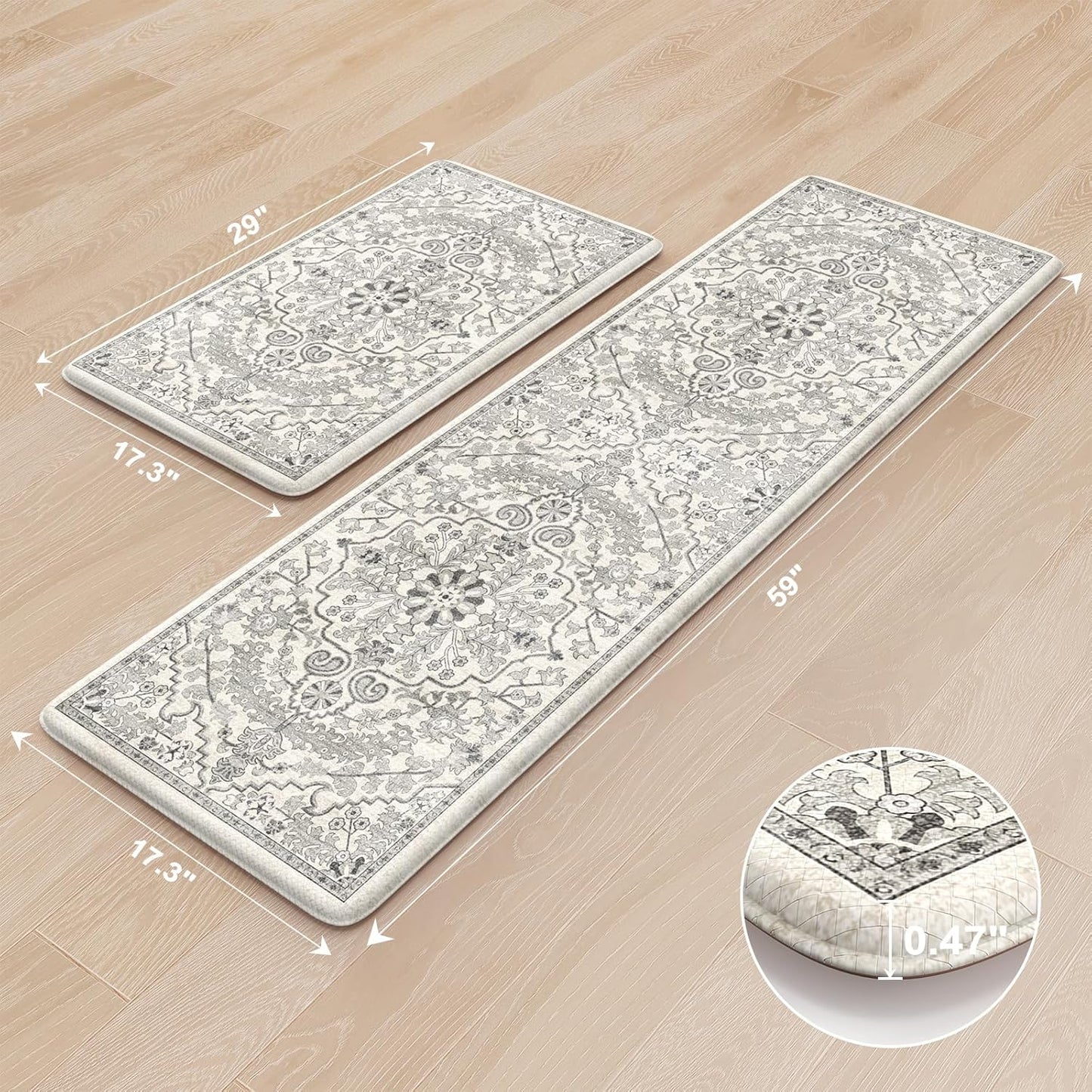 KIMODE Anti Fatigue Kitchen Mats, 2 PCS Cushioned Kitchen Rugs and Mats, Boho Kitchen Floor Mats Non Slip, Comfort Foam Standing Mat for Laundry, Office, Sink, Grey 17.3" x 59"+17.3" x 29"