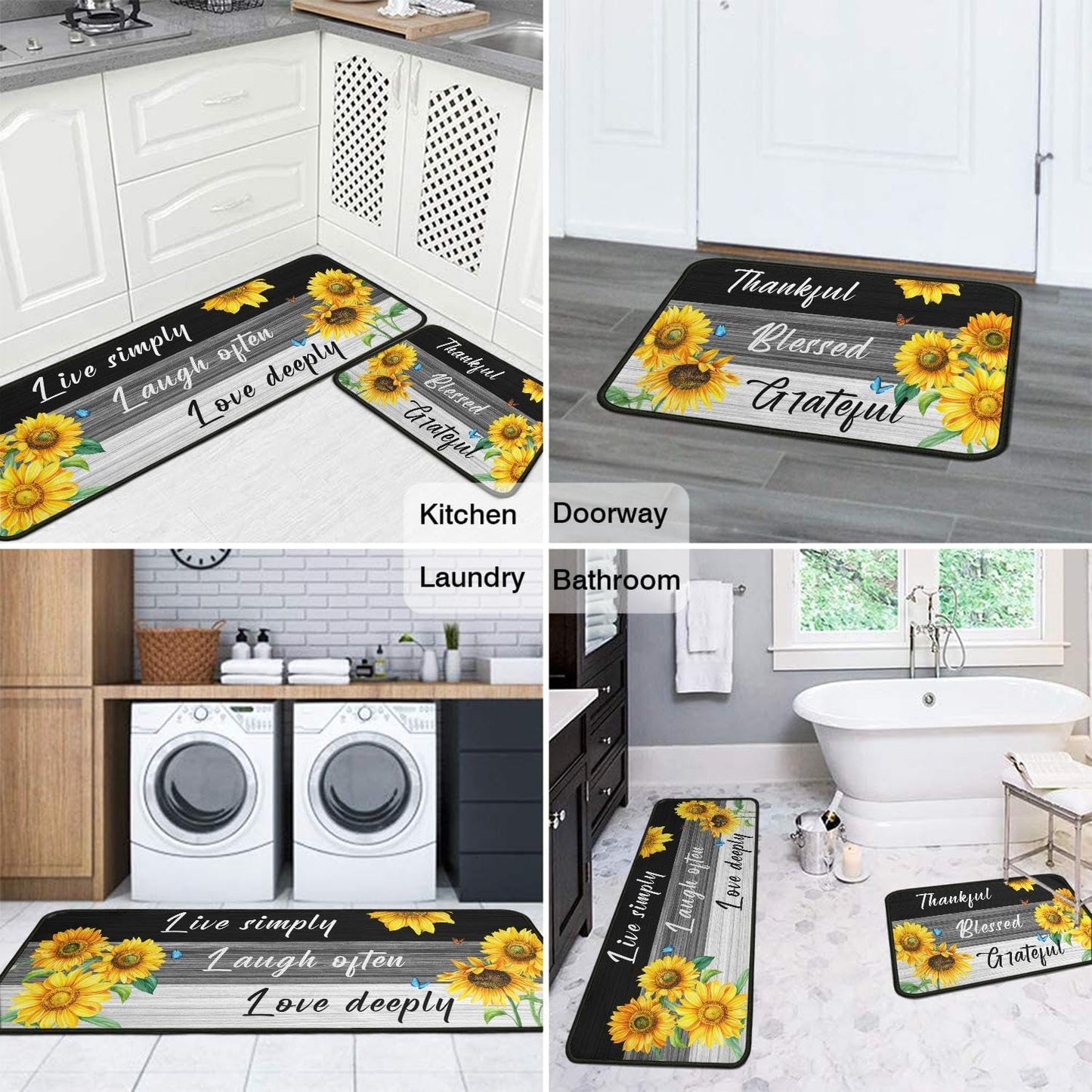 2 Piece Sunflower Kitchen Decor Rugs Set, Farmhouse Country Kitchen Rugs and Mats Non Skid Washable Absorbent Microfiber Kitchen Accessories Decoration Floor Mats 17"x47"+17"x30"