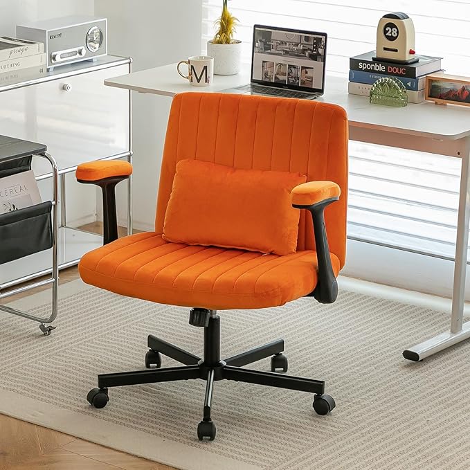 Furnimart Criss Cross Desk Char Wide Seat with Wheels and Arms, 360° Swivel Cross Legged Desk Chair Thick Cushion, Velvet Comfy Armless Home Office Chair for Bedroom, Vanity, Sturdy (Yellow)