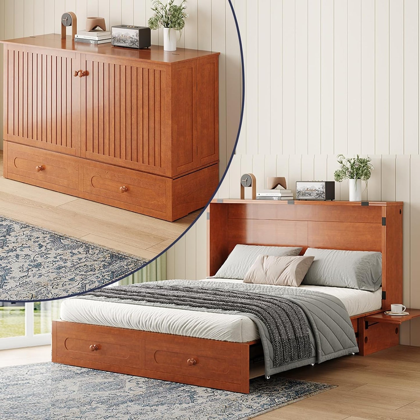 ijuicy Murphy Bed Queen Size with Foam Mattress, Side Storage Board, Cabinet Bed with Charging Station Large Storage Drawer for Space-Saving Room, Foldable Hideaway Bed Queen-Cherry