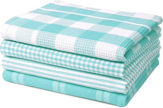 LANE LINEN 100% Cotton Kitchen Dish Cloths, Ultra Soft Absorbent Quick Drying Dish Towels, Multiweave Wash Cloths Dish Towel Sets, 13x28 Inches, 4 Pack - Aqua