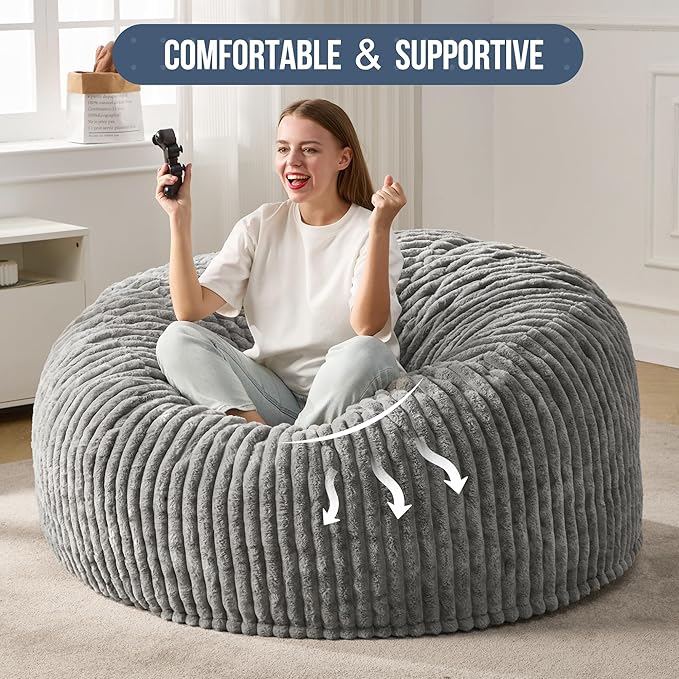 Hobestluk 5ft Bean Bag Chairs for Adults Large Beanbag Chair with Stripe Plush Cover Big Bean Bag Chair for Living Room Bedroom Dorm Office -Grey (50” x 50” x 24”)