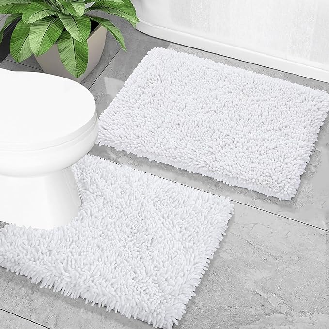 Yimobra Toilet Rugs U Shaped Washable, Extra Thick Soft Absorbent Chenille Contour Bathroom Rugs for Toilet 24x20 Inch, Quick Dry Non Slip Toilet Mat for Bath Floor, White