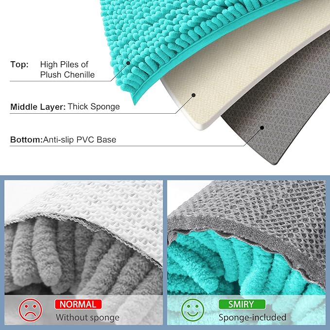 Smiry Luxury Chenille Bathroom Rugs 30x20, Extra Soft and Absorbent Shaggy Bath Mat, Machine Washable, Non-Slip Plush Carpet Runner for Tub, Shower, and Floor, Home Decor Accessories, Turquoise
