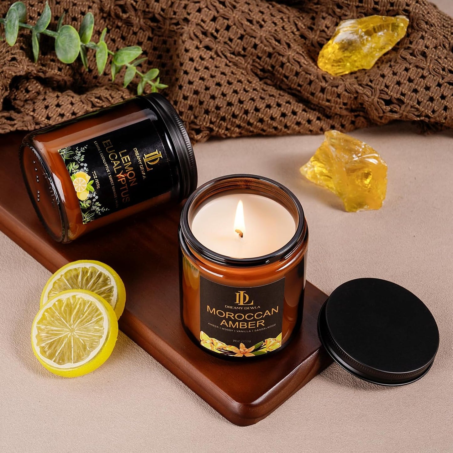 Lemon Eucalyptus Scented Candle, Soy Candles for Home Scented, Masculine Amber Jar Candles Gifts for Men Women, 7oz