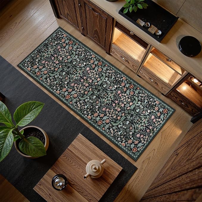 Lahome Floral Kitchen Runner, 2x6 Black Washable Runner Rug Non Slip, Soft Low Pile Stain Resistant Bathroom Laundry Floor Carpet, Boho Thin Long Carpet for Entryway