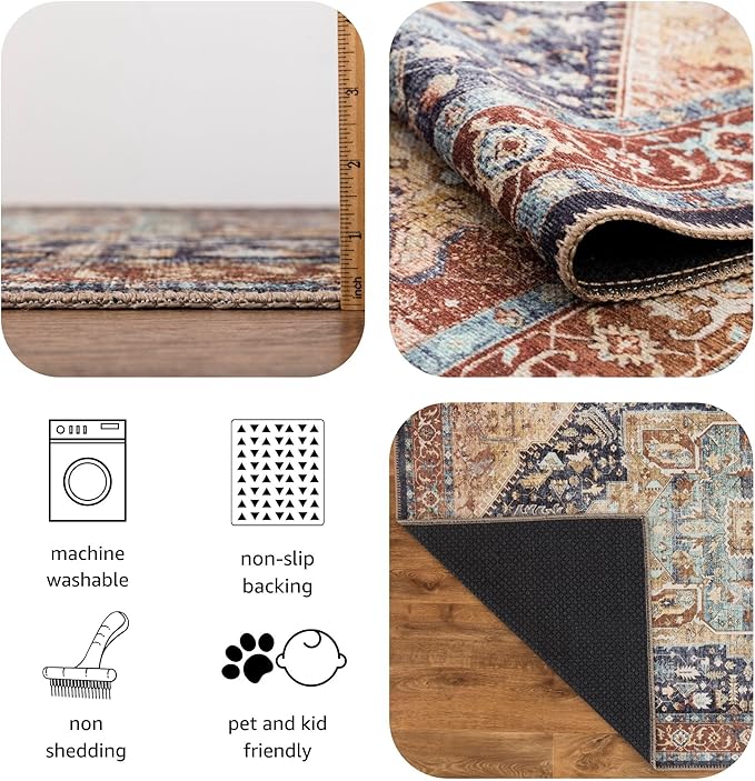 Keen Home Design 9x12 Rug - Machine Washable Area Rug with Non-Slip Backing, Ideal for Living Room, Dining Room, Bedroom - Vintage, Easy Clean, Durable, Low Pile Rug - (9' x 12')