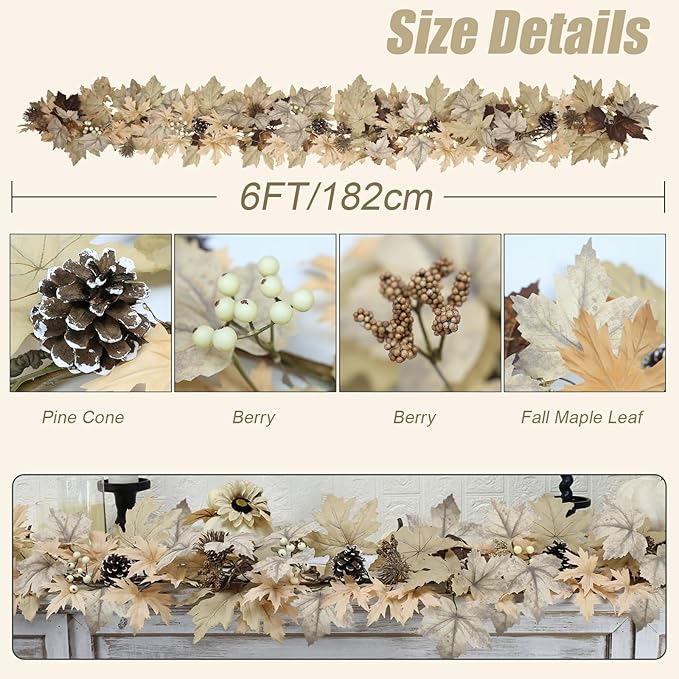 Realistic Fall Garland with Lights, 6 FT Real Touch Feel Leaves Garland with Berries Pine Cones, Fall Decorations for Home Thanksgiving Halloween Decorations Indoor Farmhouse Porch Fireplace