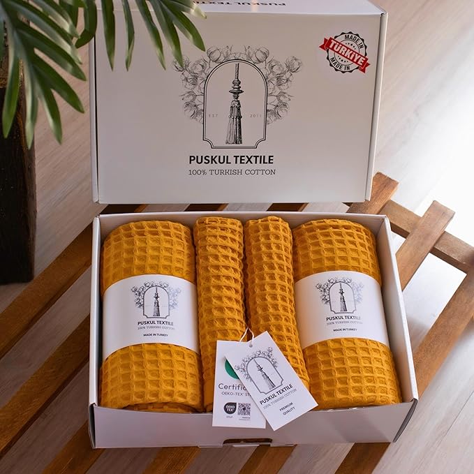 Püskül - Luxury Waffle Towel Set for Bathroom 4 Pieces Mustard, Premium Quality Organic 100% Turkish Cotton 2 Hand and 2 Bath Towels, Quick Dry Thin Waffle Towels, Made in Turkiye (Mustrad Yellow)