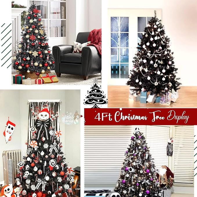 4ft Black Artificial Christmas Tree, Arbol de Navidad with 450 Branch Tips, Fake Christmas Tree, Premium Spruce Xmas Tree with Fold-Able Metal Base Stand