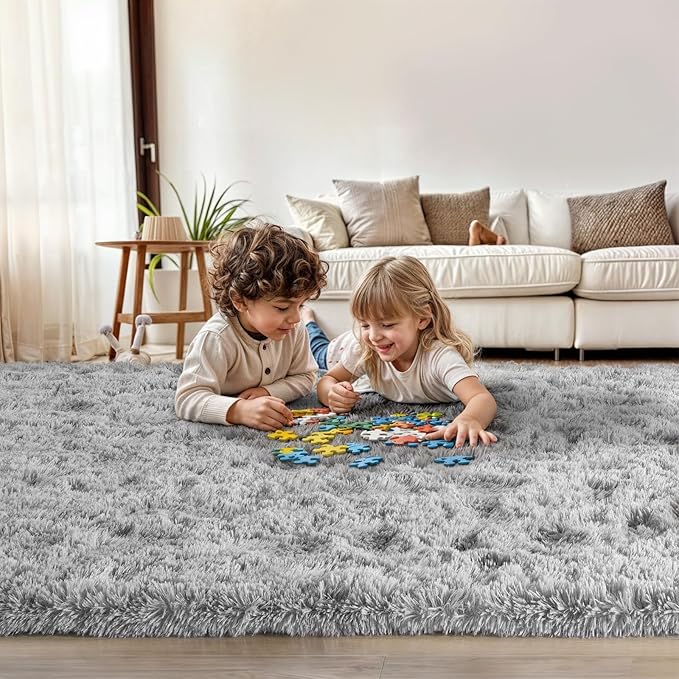 3x5 Light Grey Small Throw Rug for Entryway Non Slip, Mini Fluffy Grey Rugs for Bedroom, Plush Furry Cozy Front Entrance Indoor Floor Carpet Home Decor Aesthetic Nursery