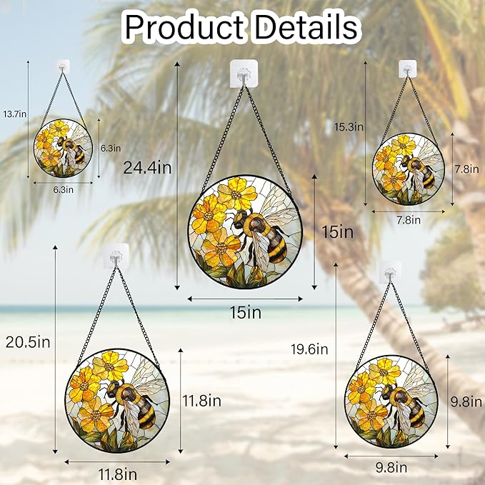 Stained Glass Window Hanging - Yellow Bees Gathering Flowers Sun Catcher for Door Garden Home Decor Cute Suncatcher Christmas Mother's Day Birthday Gifts for Women Men Mom Nana 15 in