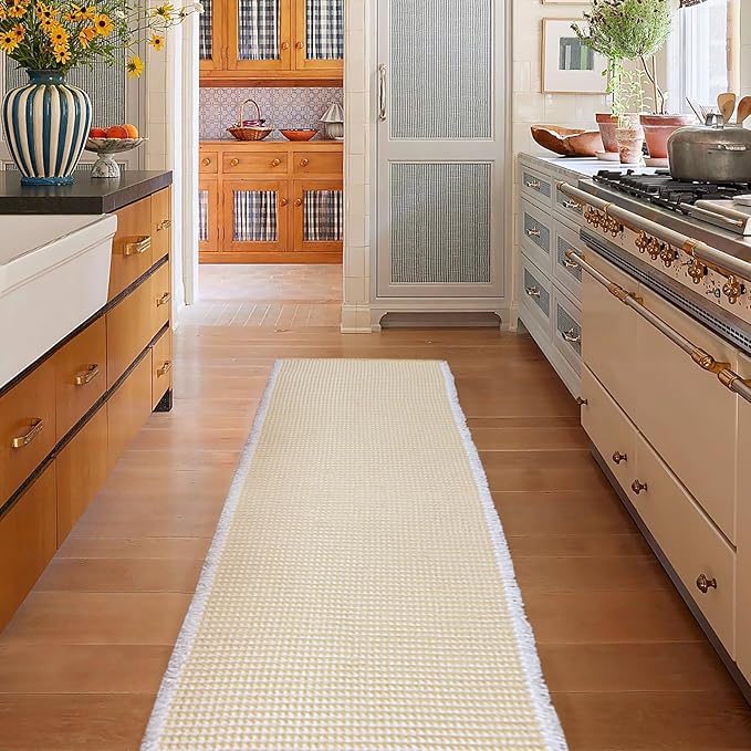 ZALL Beige Waffle Bath Mat,Super Absorbent Non Slip Long Bathroom Runner Rug,Cream 24X72inch,Machine Washable Ultra Soft Floor Mats