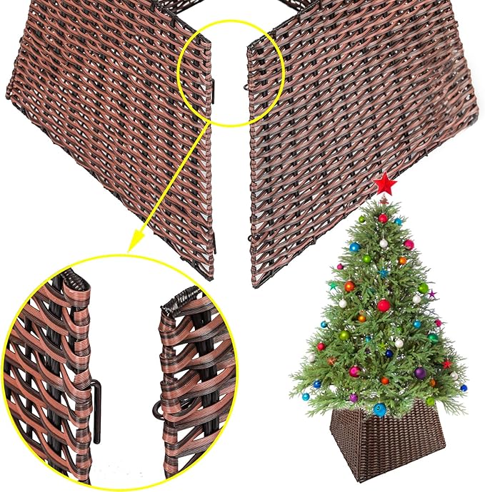 SUNNYPARK Christmas Tree Collar, Handmade Artificial Rattan Wicker Christmas Stand Tree Collar Basket Base Cover for Holiday Decoration-Square Brown