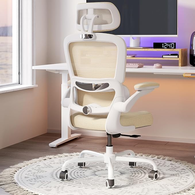 TRALT Ergonomic Office Chair - Desk Chair with Adjustable Headrest Lumbar Support Computer Chair - Mesh Comfy Chair with Flip-up Armrests - Gaming Chairs for Adults Home Office (Leather, Beige)