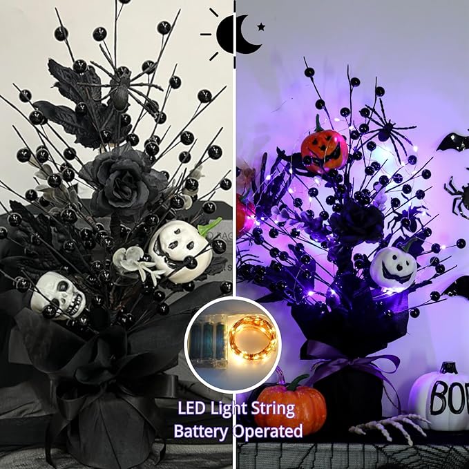 18 Inch Halloween Table Tree, LED Lighted Artificial Tree with Pumpkin,Spider, Black Berries,Halloween Centerpiece for Table, Holiday Party Home Decor