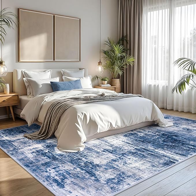 IOHOUZE Abstract Area Rugs 8x10 Ft Washable Large Rugs for Living Room, Non Slip Dining Room Rug, Printed Faux Wool Rugs for Bedroom, Floor Carpet for Office Nursery Playroom, Navy/Grey