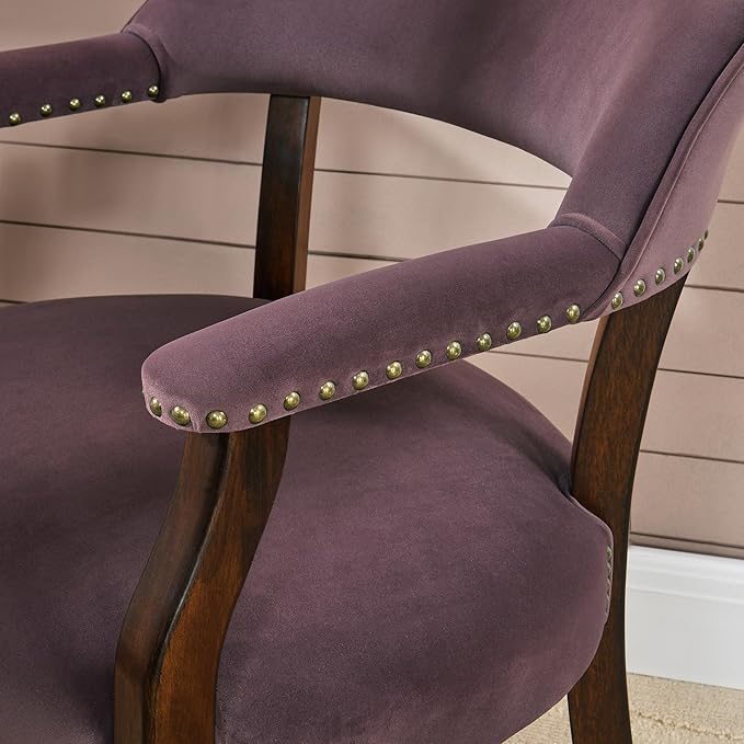 MODERION Dinning Chairs with Wheels and Arms Set of 2, Solid Wood Office Desk Chairs with Frosted Velvet Upholstered, Classic Swivel Accent Chairs,31.5" H Boss Caption's Chair, Plum XXY-HT22-PM