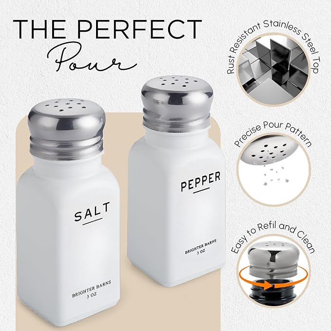 White Salt and Pepper Shakers Set with Holder by Brighter Barns - Neutral Minimalist Glass Salt Shaker with Caddy - Dining Table Decor, Modern Kitchen Accessories for Restaurant, Hotel, Airbnb (White)